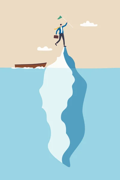 成功の氷山 成功の物語だけが表示されるか または表示され リスクや失敗隠された水中 達成またはリーダーシップの概念 成功のビジネスマン隠された危険性の上に氷山のピーク時にフラグを保持 — ストックベクタ