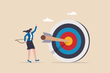 Achieve target, reach goal or success female entrepreneur, aiming to hit bullseye target concept, cheerful businesswoman archery shot arrow to hit big target. clipart