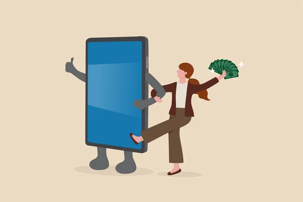 モバイルアプリからお金を稼ぐ 銀行振込やスマートフォン支払いアプリケーション 投資やモバイルバンキングの概念 幸せな裕福な女性携帯電話で腕の中で歩いてお金の紙幣を保持 — ストックベクタ
