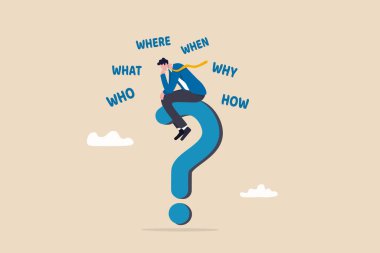 5w1h asking questions for solution to solve problem, thinking process or business analysis to get new idea concept, calm businessman on large question mark thinking of who what where when why and how. clipart