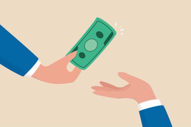 Arkadaşından borç para, borç ve kredi, teşvik veya ikramiye ödeme, kredi veya borç verme konsepti, iş adamı arkadaşının eline para banknotu verir.