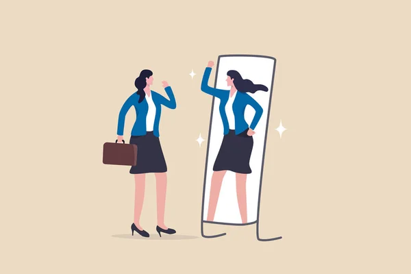 自信と自尊心 成功への動機 自信を高め 自分自身の概念を信じるための肯定的な思考 ビジネス女性は鏡への彼女の強い自信の反射を見る — ストックベクタ