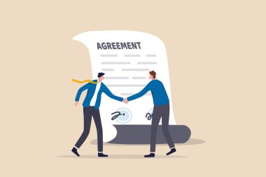 Business deal, agreement or collaboration document, contract or success negotiation, executive handshaking concept, businessman partner people shaking hand after signing business agreement document. clipart