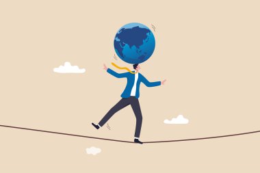 Jeopolitik risk, dünya lideri çatışması, savaş ve işgal tehlikesi ekonomik ve yatırım riskine, nükleer savaş gerilimi konseptine, iş adamı lider akrobatın dünyayı kafasında dengelemeye çalışması.