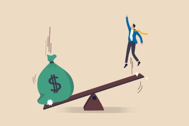 Yeni bir şirket kurmak için iş kredisi veya risk sermaye finansmanı kriz, canlandırma bütçe konsepti, tahterevallinin üzerine düşen büyük para çantası işletme sahibinin yükseğe zıplamasına yardımcı oluyor.