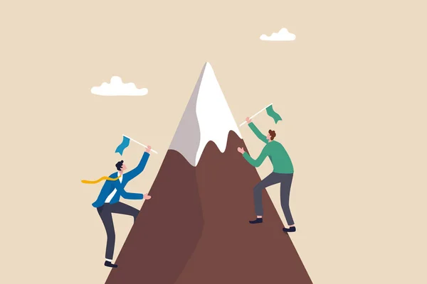 ビジネス競争は ビジネスマンが勝つために競争し 成功の目標 挑戦やキャリアの達成の概念に到達し ビジネスマンの競争相手は山のピークで勝利フラグを置くために山に登る — ストックベクタ