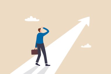 Amaca ulaşmak için amaç, nesnel ve motivasyon bulmak, hayatın anlamını keşfetmek için varoluşsal kriz, iş hedefi kavramını tanımlamak için mücadele, gelecekteki amaç okunu hedefleyen şaşkın işadamı