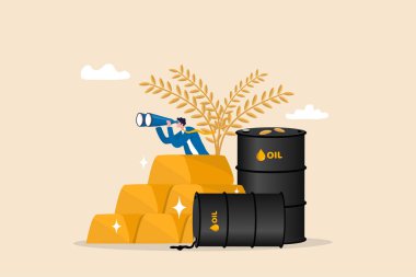 Ticaret ve yatırım için emtia fiyatı, tarım pirinci, ham petrol ve değerli altın vizyon, dünya ekonomisi konseptinde tahmin, işadamı emtia varlıklarından dürbünle bakıyor.