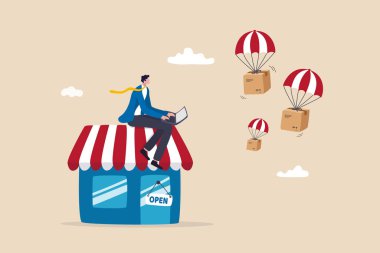 İş modelini açık bir e-ticaret web sitesi mağazası üzerinden düşürmek ve tedarikçi ürünü doğrudan müşteri konseptine yönlendirmek, iş adamının teslimat paketi uçan paraşütle bilgisayar kullanmasına izin vermek.