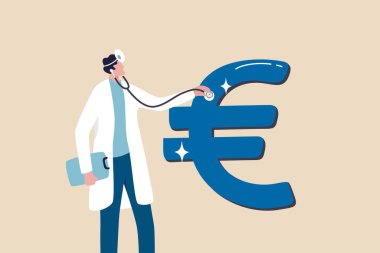 Avrupa ekonomisini, borcunu veya para birimini, yatırım analizini veya gider ve maliyet kavramını kontrol edecek mali analist, steteskoplu akıllı doktor Avrupa para sembolünü dinleyip analiz edecek.