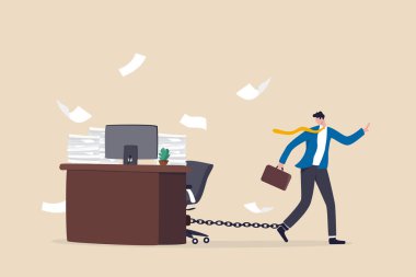 Ofis işi köle gibi çalışmak, yoğun ve acil görevlerle çok çalışmak, yorgun ve stresli sorumluluk kavramı, depresyondaki işadamı kendini çalışma masasında zincirlenmiş olarak buldu..