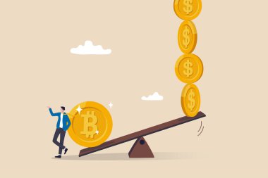 Bitcoin ve kripto para birimi değeri dolar fiat para, enflasyon değer azaltma veya yatırım varlık seçimi kavramı ile karşılaştırıldığında, iş adamı Bitcoin tahterevallisinin yanında duruyor.