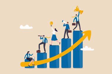 Gelişme için iş geliştirme planı, takım çalışması gelir, büyüme ve başarı, iş başarısı konsepti için takım stratejisi, çubuk grafiğini iyileştirmek için çalışan iş adamları ekibi.