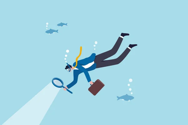 Derin dalış analizleri, iş problemlerini ve gelişmeleri keşfetmek, piyasa ve optimizasyonu geliştirmek ve keşfetmek için araştırma ve strateji, derin mavi okyanusta büyüteçle sualtı dalışı.