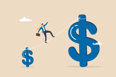 Yatırım artışı yüksek risk, yüksek ödül, artan zenginlik veya artış, maaş veya gelir, kazanç veya kar tasarrufu konsepti, iş adamı akrobat küçük dolardan büyük bir dolara yürüyor.