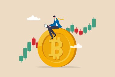Bitcoin ve kripto para yatırımı, kripto ticareti kâr ve Bitcoin fiyatından kazanç sağlıyor, iş adamı bilgisayar kullanarak büyük Bitcoin 'i şamdan fiyat grafiği grafiğiyle takas ediyor..