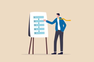 Proje, standart veya şirket politikasını tamamlamak için prosedür ve iş akışı, planlama süreci veya dizi, adım adım iş özeti, iş adamı lideri toplantıda iş akışı ve prosedürü sundu.