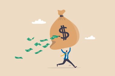 Lose money from investment mistake, tax or expense, mutual fund cost or financial problem, unknown cost drain out money concept, businessman carry big money bag with big hole banknotes falling out.