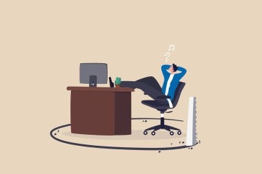Toxic office, jealousy colleagues, office abuse or bullying, betrayal or threats, failure comfort zone or work problem concept, businessman getting chill on his desk being sawing floor broken down.