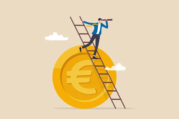 欧洲经济的预测或展望 欧盟金融或经济滑坡的前奏 放眼未来的概念 商人投资者爬上欧洲钱币的阶梯 用望远镜看前景明朗 — 图库矢量图片