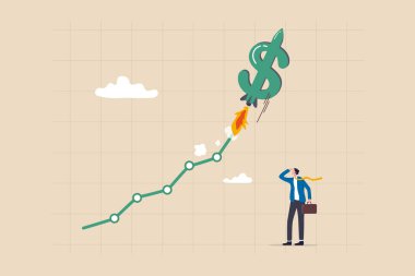 US Dollar value rising due to interest rate hike, exchange rate or financial report, economy or investment concept, businessman investor look at dollar sign rocket flying high on exchange chart.