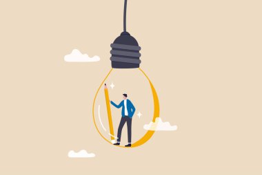 Yaratıcı fikir, hayal gücü ya da ilham, çözüm ya da icat hakkında düşünmek için yaratıcılık, yeni fikir, bilgi ya da eğitim kavramı, elinde kalem tutan yaratıcı adam ampul hakkında düşün..