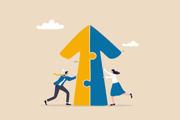 Слияние и поглощения, партнерство или совместная работа, головоломка успеха, решение роста или сотрудничество, поддержка или прогресс вызов концепции, деловые люди толкают стрелу головоломки, чтобы присоединиться к успеху.