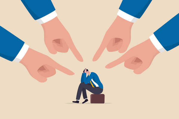 Toxic work, abuse or bullying colleagues, bad culture make exhausted depressed employee, fear of failure and responsibility, giant boss hands pointing and blaming at depressed businessman employee.