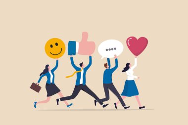 Social media team, community management or online advertising, manage social network or communication concept, business people social media team holding thumb up, love, speech bubble and smile sign. clipart