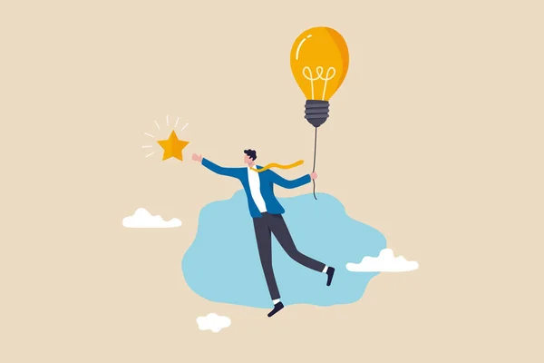 创意或创新有助于实现商业目标 灯泡理念有助于成功 领导力有助于解决问题 聪明的商人带着灯泡理念飞黄腾达 — 图库矢量图片