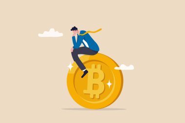 Bitcoin hodl, Bitcoin veya kripto para satın alan uzun vadeli yatırım, kripto yatırım veya Bitcoin bağımsızlık kavramına inanan, sakin işadamı Bitcoin üzerine oturarak rahatlar.