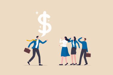 Yatırım, gelir ve tasarruf kavramından kâr elde etmek için sermaye yönetimi hakkında öneride bulunacak para danışmanı veya mali danışman, dolar para tavsiyesi veren işadamı.