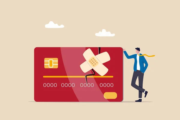 Credit repair, process to fixing poor credit standing, recover from financial mistake or negotiate with lender concept, confidence businessman stand with fixed and repaired credit card with bandage.