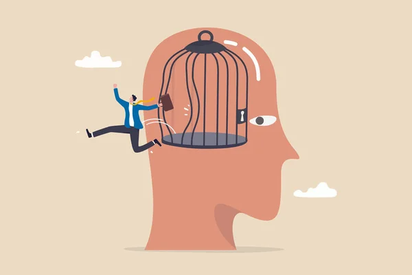 Libertad Liberarse Prisión Pensamiento Inspiración Pensar Fuera Caja Psicología Terapia — Vector de stock