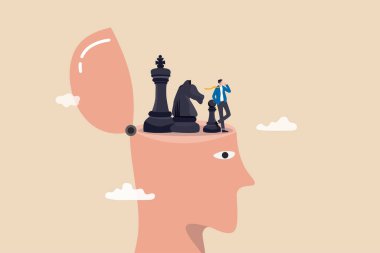 Stratejik düşünce, iş çözümünü elde etmek ve rekabeti kazanmak, liderlik mücadelesi, yeni bir fikir, zeka ya da başarı için bilgelik, kafasında satranç taşıyla düşünen iş adamları hakkında düşünmek..