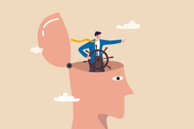 Öz kontrol ya da liderliğin iş kararı ya da doğru yöne yönlendirme, motivasyon, zihniyet ya da bilinç kavramı, iş adamı liderinin direksiyon dümenini kafasında kontrol etmesi..