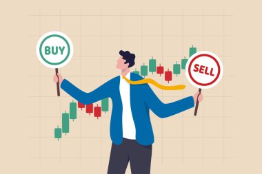 Borsa ve kripto para ticareti, yatırım kararı, zenginlik yönetimi veya finans konsepti, iş adamı yatırım analisti şamdan tablosu ile alım satım tablosu tutuyor veya satıyor.