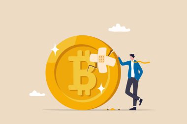 Bitcoin ve kripto para değeri düştükten ya da çöktükten sonra geri döner, Bitcoin ticaret konseptini düzeltir, kendine güvenen iş adamı yatırımcı ya da Bitcoin bandajı onarımı yapan tüccar.