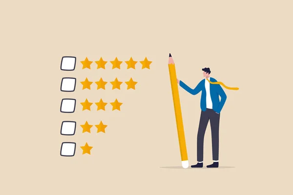 評価や満足度のフィードバック 性能評価や顧客レビュー 星の品質結果を与え サービスの概念を評価し 星のフィードバックを評価するために鉛筆を保持思慮深いビジネスマン — ストックベクタ