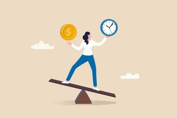 Balance Tiempo Dinero Peso Entre Trabajo Vida Inversión Ahorro Largo — Vector de stock