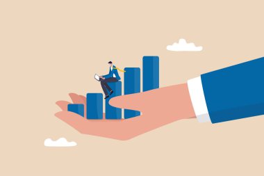 Business growth or improvement, growing career or financial earning chart, investment profit, income or rising revenue concept, smart businessman working with computer on growth graph in giant hand.