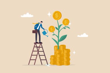 Mutual fund or growing investment, wealth profit growth or earning increase, savings or wealth management, pension fund concept, businessman investor watering stack dollar coin to grow money plant.