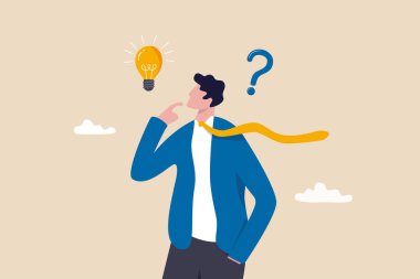 Problemi çözmek, soru sormak ve cevap vermek, fikri keşfetmek, iş sıkıntısı kavramını çözmek, düşünceli iş adamı sorunu ampul ve soru işaretiyle çözmek için çözüm düşünüyor..