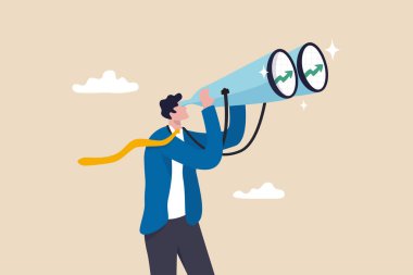 Financial forecast, vision for stock market investment return, make profit opportunity, discover economic recover, businessman financial professional look through binocular to see graph and chart.