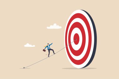 Set goal and take action to achieve goal or target, aiming or motivation to grow business and success, effort or skill to reach goal concept, businessman walking on the line aiming at target bullseye.