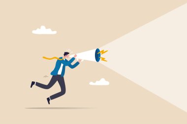 Announcement or storytelling, communication skill or shouting out loud, sending message or attention warning, speak or boss aggression concept, businessman boss shouting on megaphone or loudspeaker.