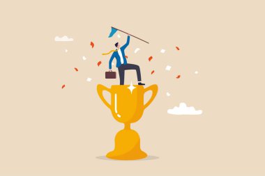 Victory or business achievement, triumph or award winning, accomplishment for leadership success, determination for career success concept, cheerful businessman winner raising flag on winning trophy.