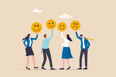 Employee morale, team spirit, work passion or job satisfaction, worker wellbeing or feeling, attitude and motivation concept, businessman and businesswoman team showing emotion happy and sad faces.