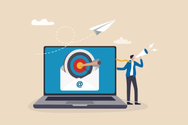 Email marketing, subscribe newsletter or sending online promotion to drive customer to website, communication and advertise concept, businessman with megaphone and targeting email on computer laptop.