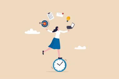 Productive woman, multitasking or time management professional, productivity or entrepreneurship, work efficiency or organize schedule, productive businessman woman balance on clock managing tasks.